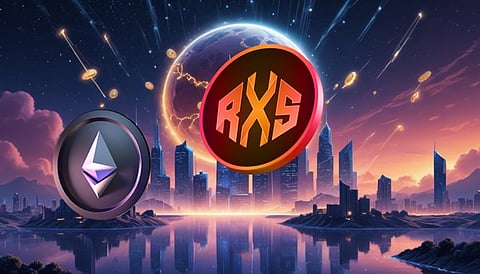 "Digital artwork featuring a futuristic city skyline reflected on water, with a large planet in the background. In the foreground, an Ethereum logo on the left and an RXS logo on the right."