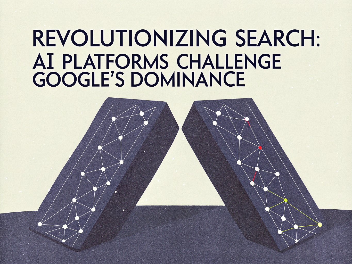 Title text reads "REVOLUTIONIZING SEARCH: AI PLATFORMS CHALLENGE GOOGLE'S DOMINANCE." The image features two rectangular blocks leaning against each other, displaying intricate network-like designs with interconnected nodes and lines, set against a muted background.