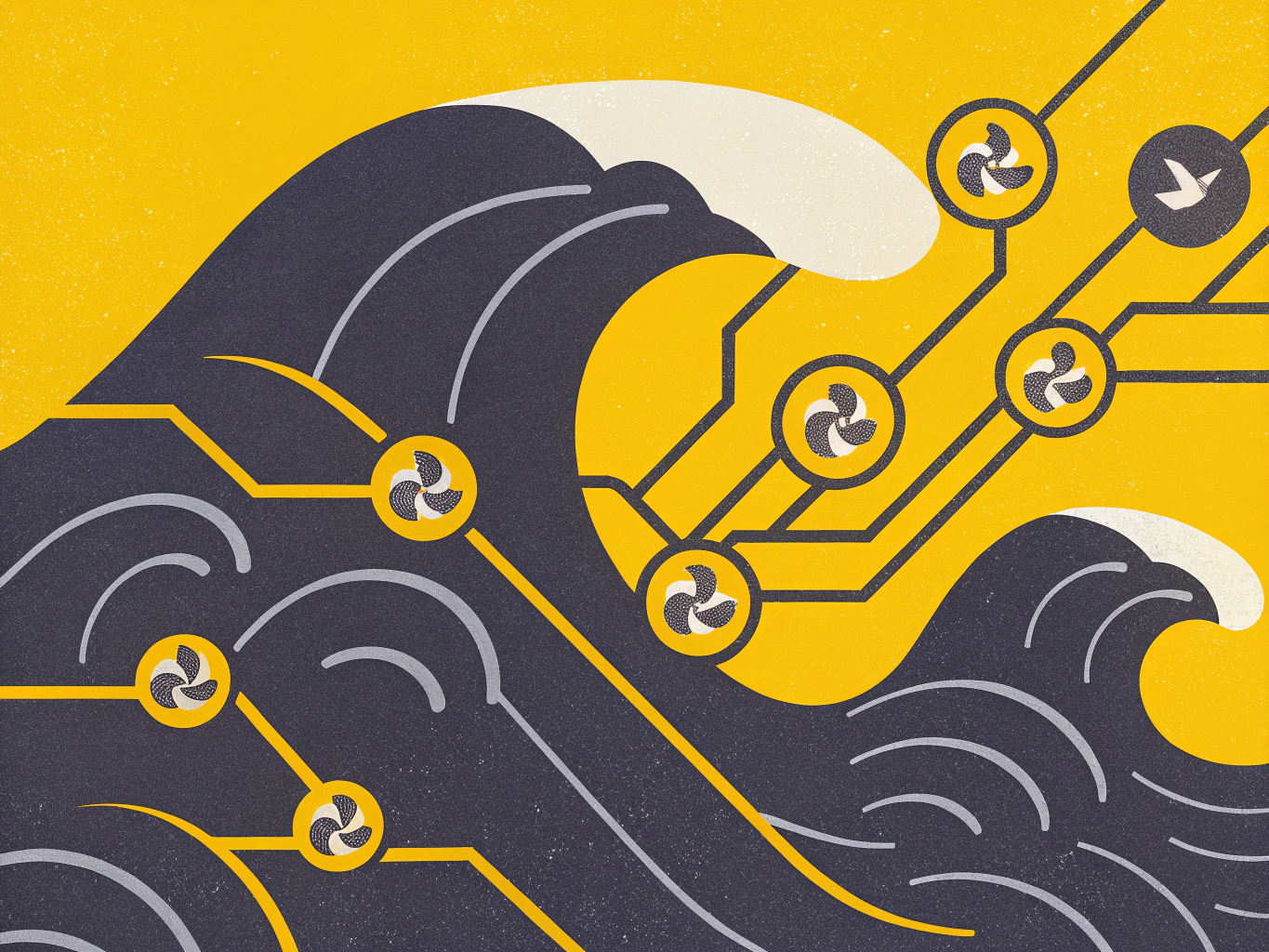 Abstract illustration featuring stylized ocean waves in shades of dark gray, with yellow lines connecting circular propeller-like shapes. The background is bright yellow, creating a vivid contrast between the elements.