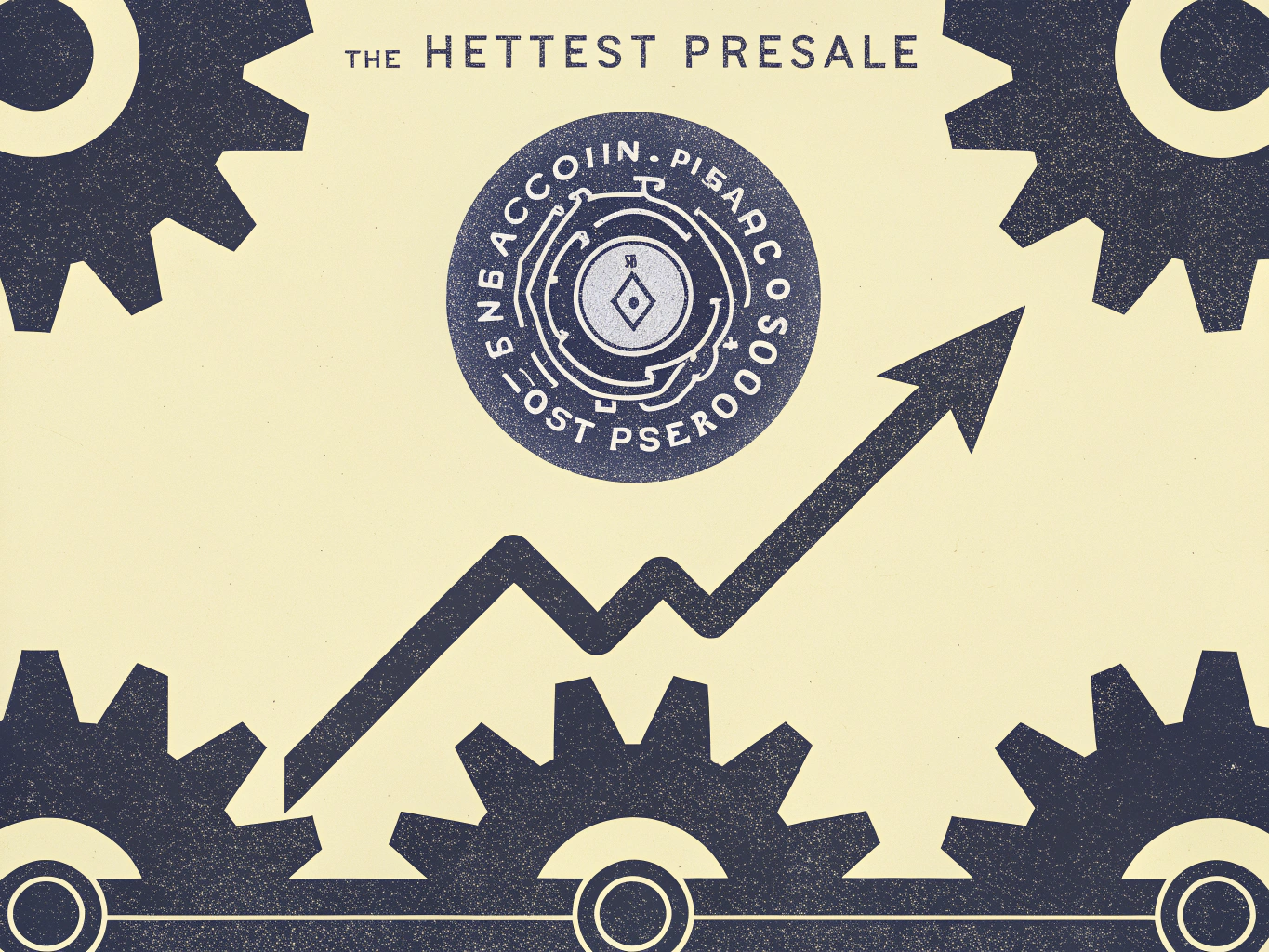 "Graphic promoting 'The Hottest Presale,' featuring a rising arrow and gear motifs, with a circular emblem in the center that includes the text 'ACCOIIN' and 'PISARC.' Background is a light color with dark gear illustrations."