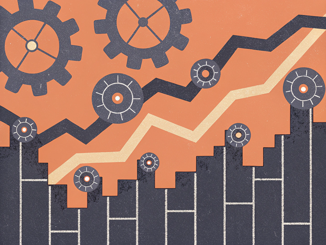 Graphic illustration featuring gears and a rising line graph on a textured orange background. The gears are positioned at the top, while the graph, in white and dark blue, overlays an abstract bar chart design.