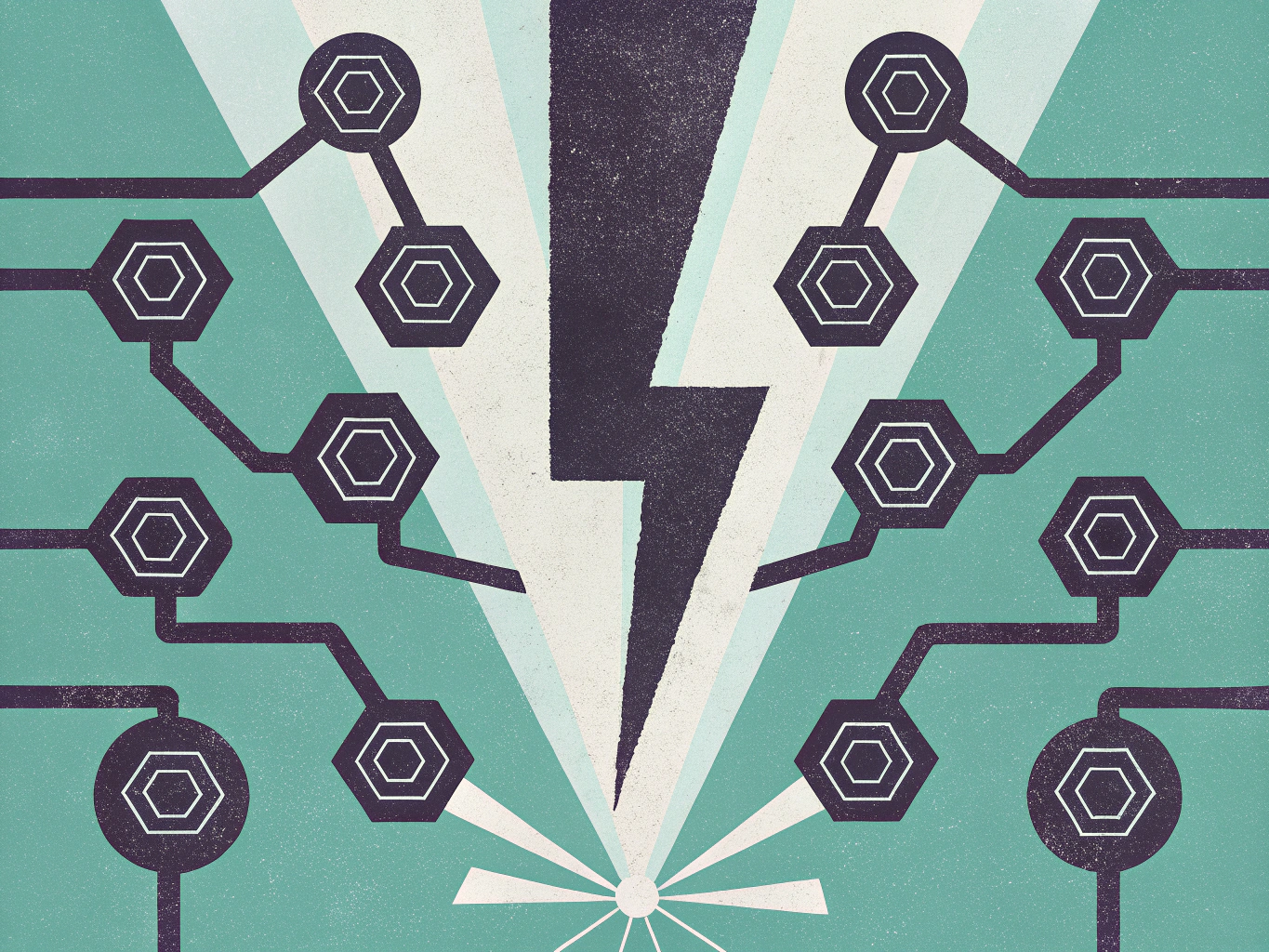Textured illustration of a dark lightning bolt with light rays on a teal background, flanked by branching lines connecting to hexagonal nodes.