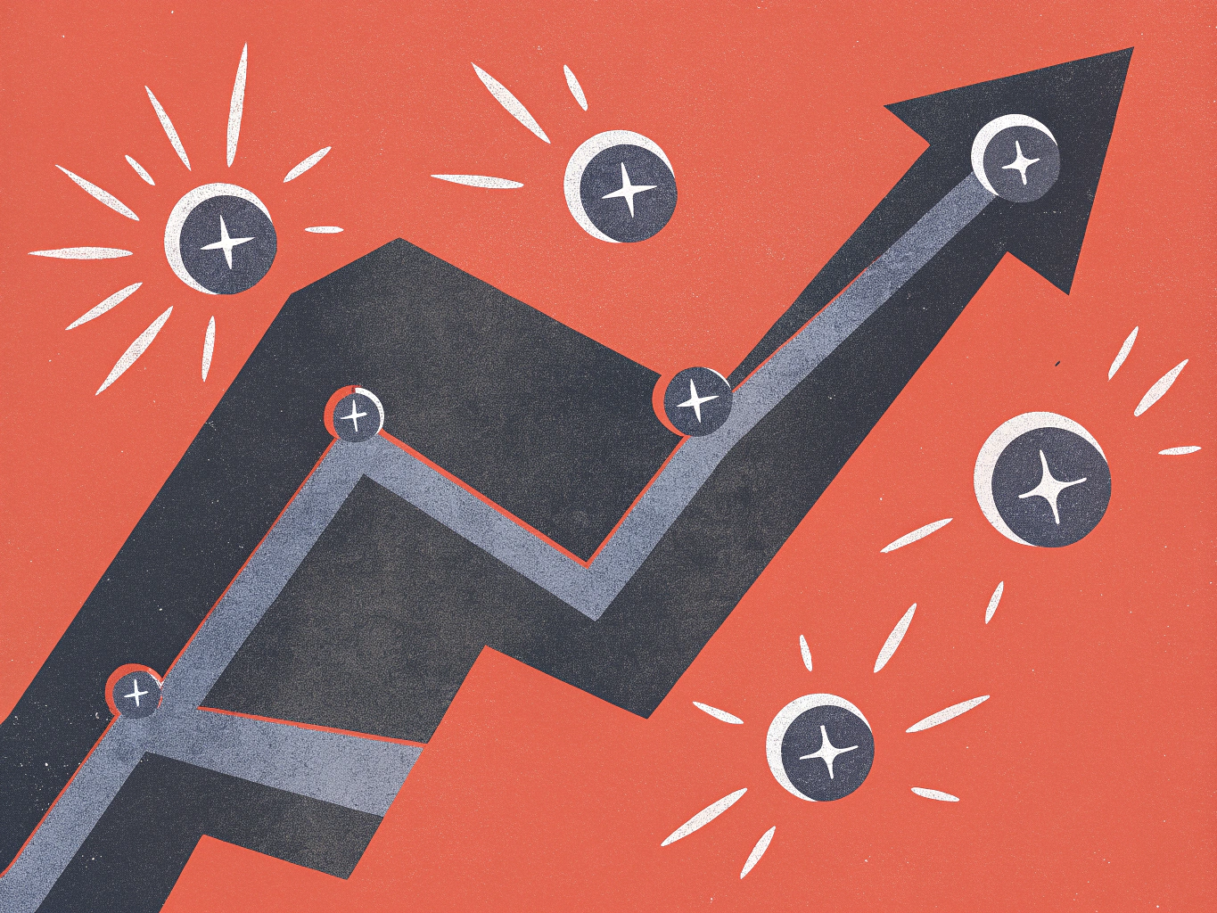 A stylized dark gray arrow pointing sharply upward and to the right on a reddish-orange background, marked with white plus signs and radiating star-like elements, symbolizing progress and success.