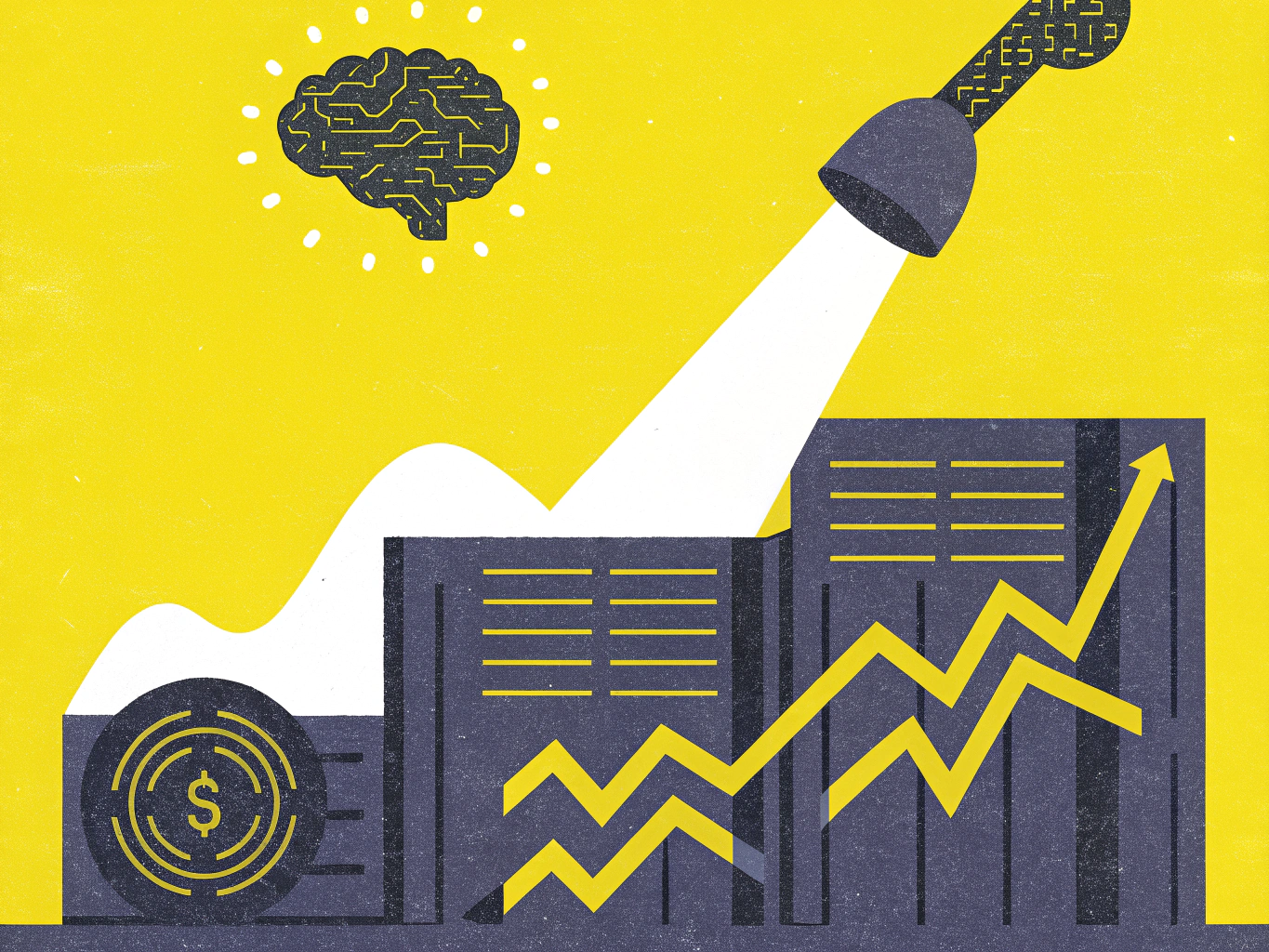 Illustration of a glowing brain and a spotlight, a dollar coin, and an upward-trending arrow over abstract structures, symbolizing innovation and financial growth.