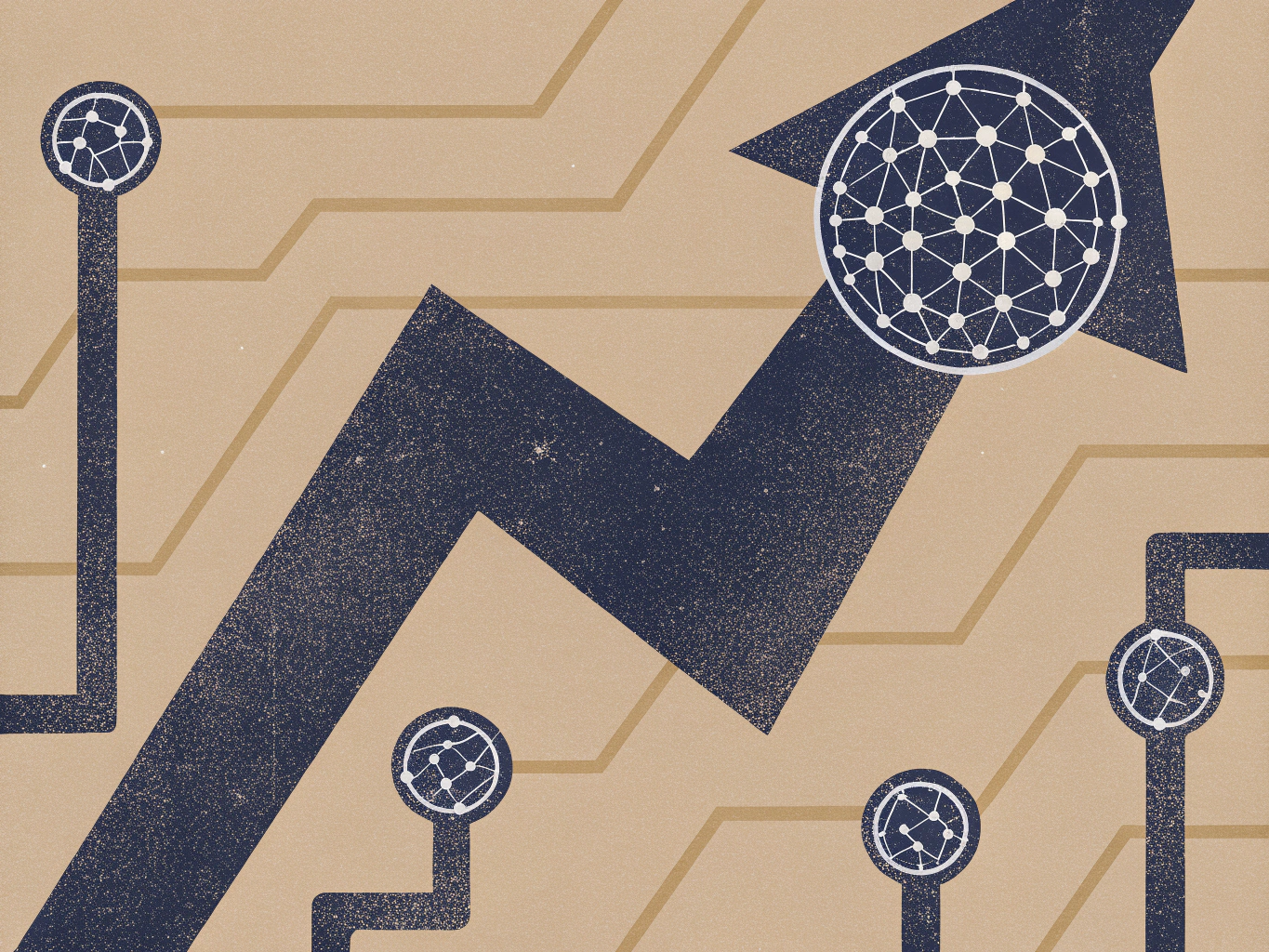 Dark blue textured arrow pointing upward with a large network globe at its tip, and smaller network globes connected by lines on a textured brown background.