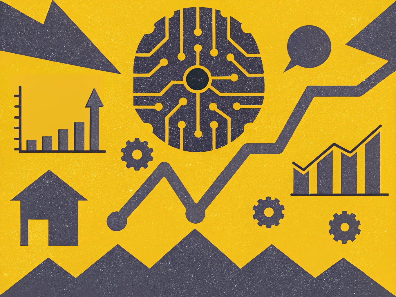 Abstract illustration featuring a dark gray circuit board, rising bar charts, an ascending line graph, and gears on a textured yellow background.