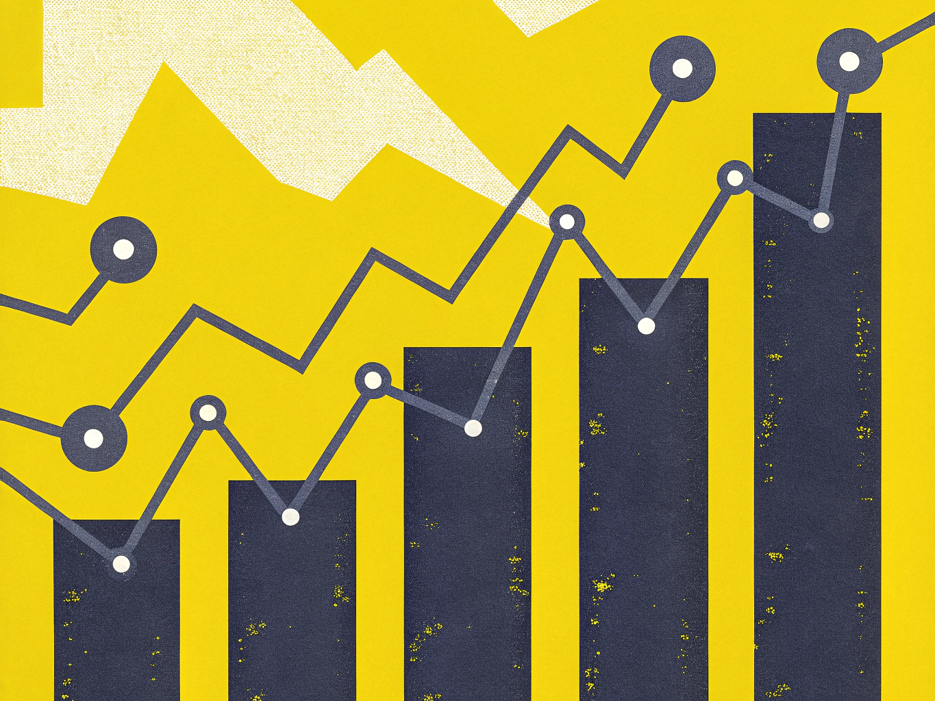 Stylized illustration of financial growth, featuring a rising bar graph, a line graph, and a white lightning bolt shape on a yellow background.
