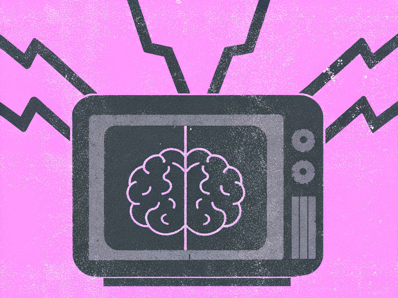 An old television with a brain on its screen, and jagged lines radiating from it against a pink background.