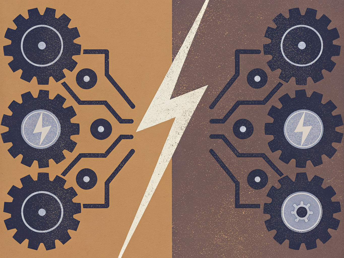 Illustration of a lightning bolt splitting two systems of interconnected gears and circuit board patterns. The left side is on a light brown background, the right on a dark brown. A lightning bolt symbol appears on one gear on each side.