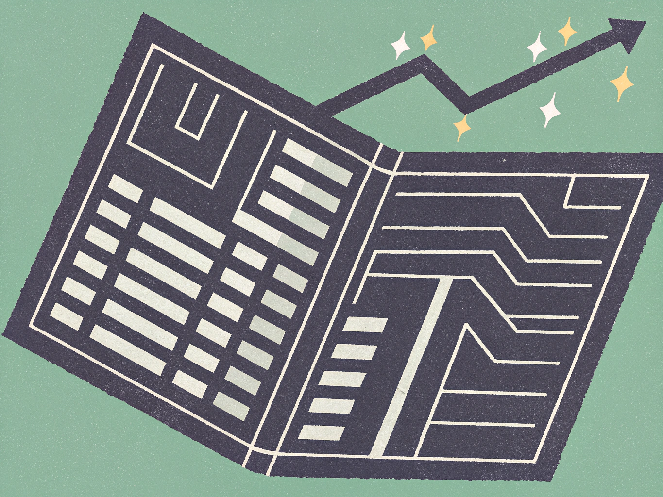 Open document displaying rows of data on the left page and a maze-like path on the right. An upward-trending arrow with sparkles rises from the document.