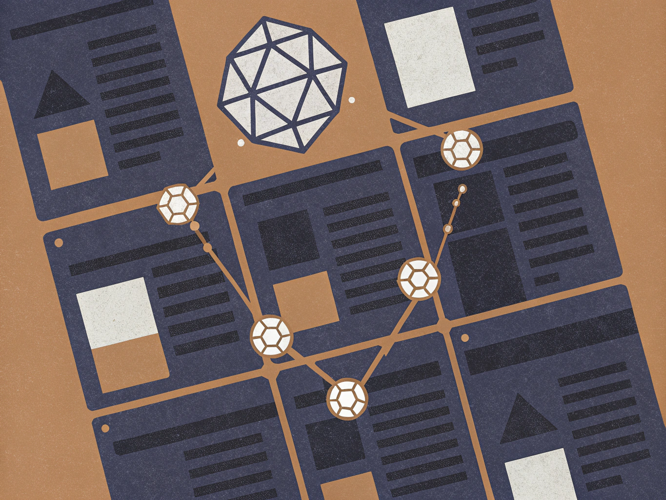 Abstract illustration of a network of white hexagonal nodes connected by lines, overlaid on a grid of dark blue content blocks or web pages, with a large white faceted geometric shape at the top center.