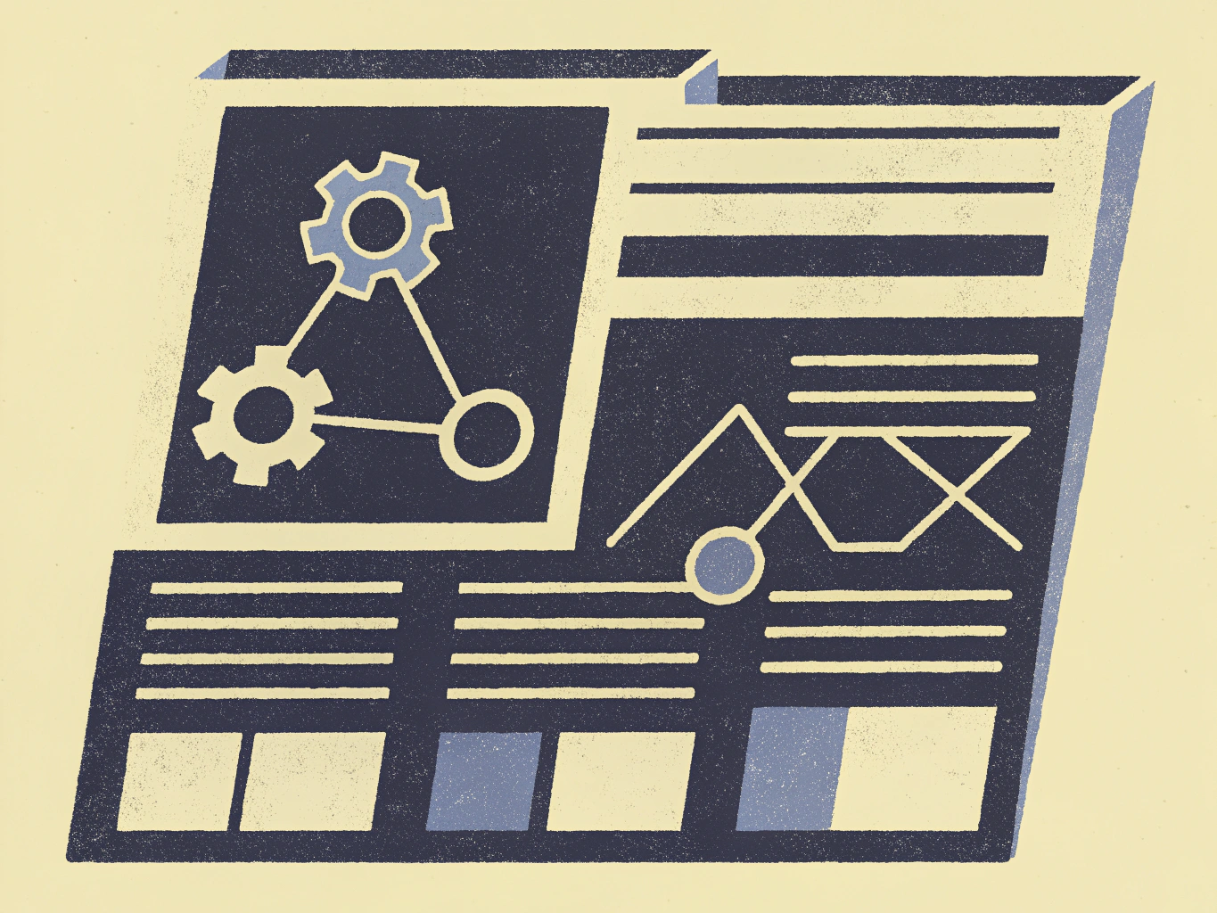 Abstract illustration of two overlapping information panels, one featuring connected gears and data blocks, the other showing line diagrams and text placeholders.