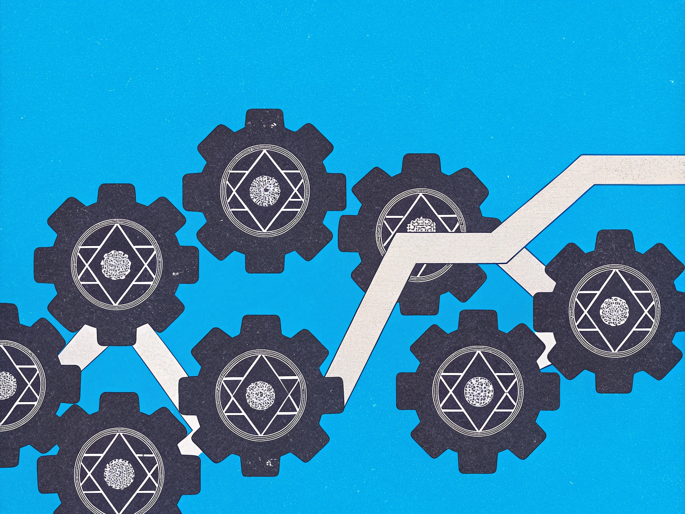 Dark grey gears with a white Star of David design on a blue background, connected by a rising light-colored jagged line.