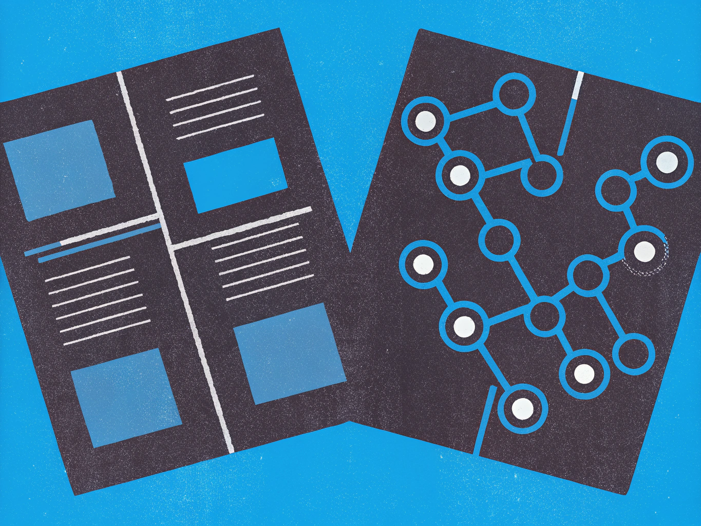 Two abstract diagrams on a blue background. One sheet displays a grid layout with placeholder text and blue blocks, while the other shows a network of interconnected blue lines and white circles.