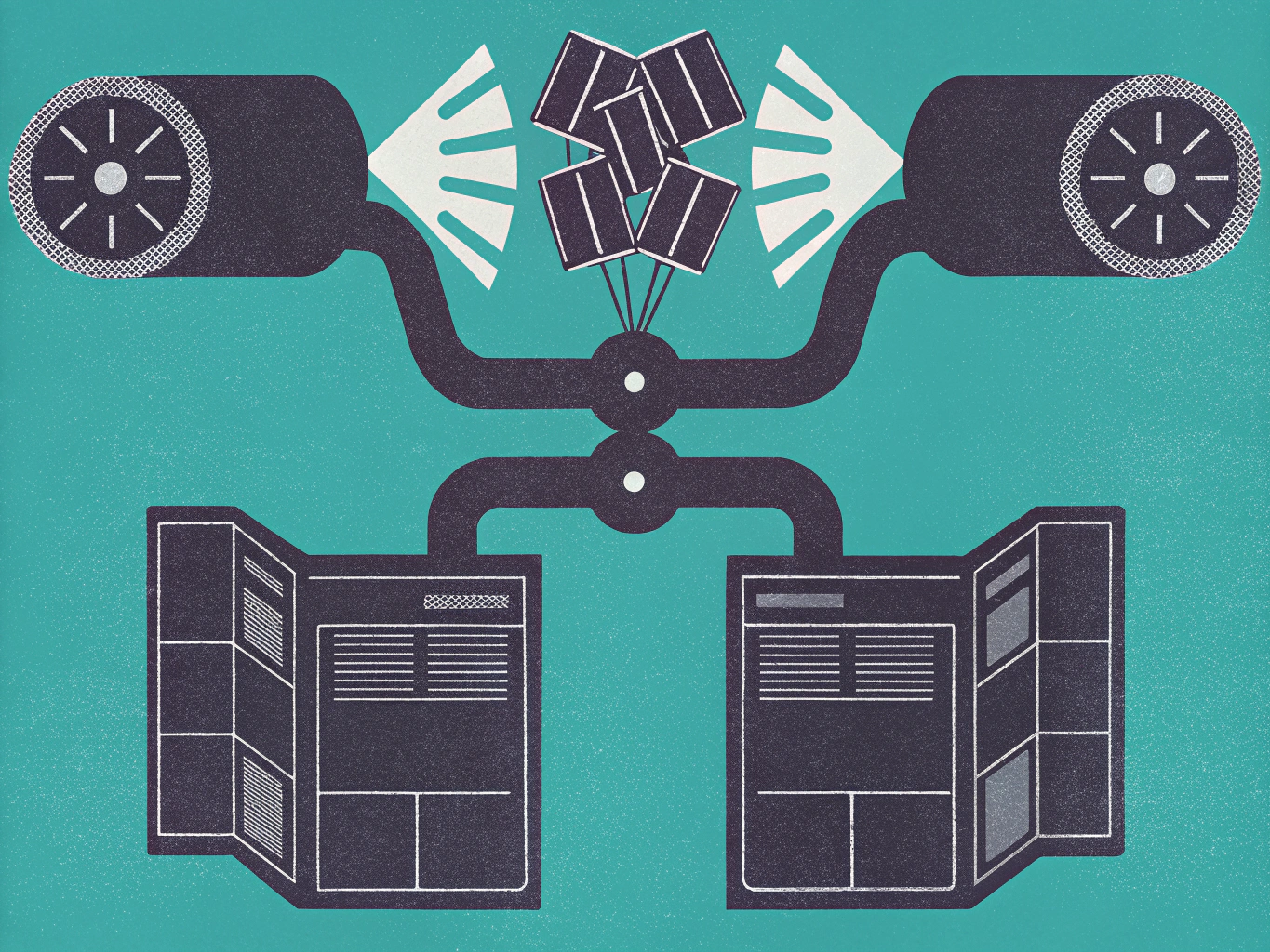 Abstract illustration of a data processing system, showing two input sources directing data blocks into a central pipeline that organizes them into two structured page layouts.