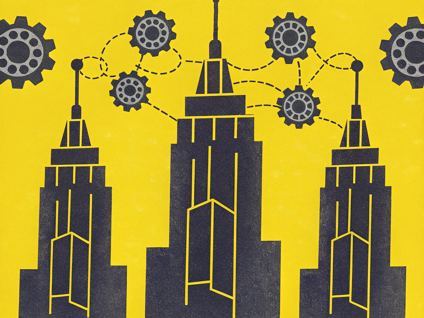 Illustration of three dark gray skyscrapers against a yellow background, connected above by a network of gears and dashed lines.
