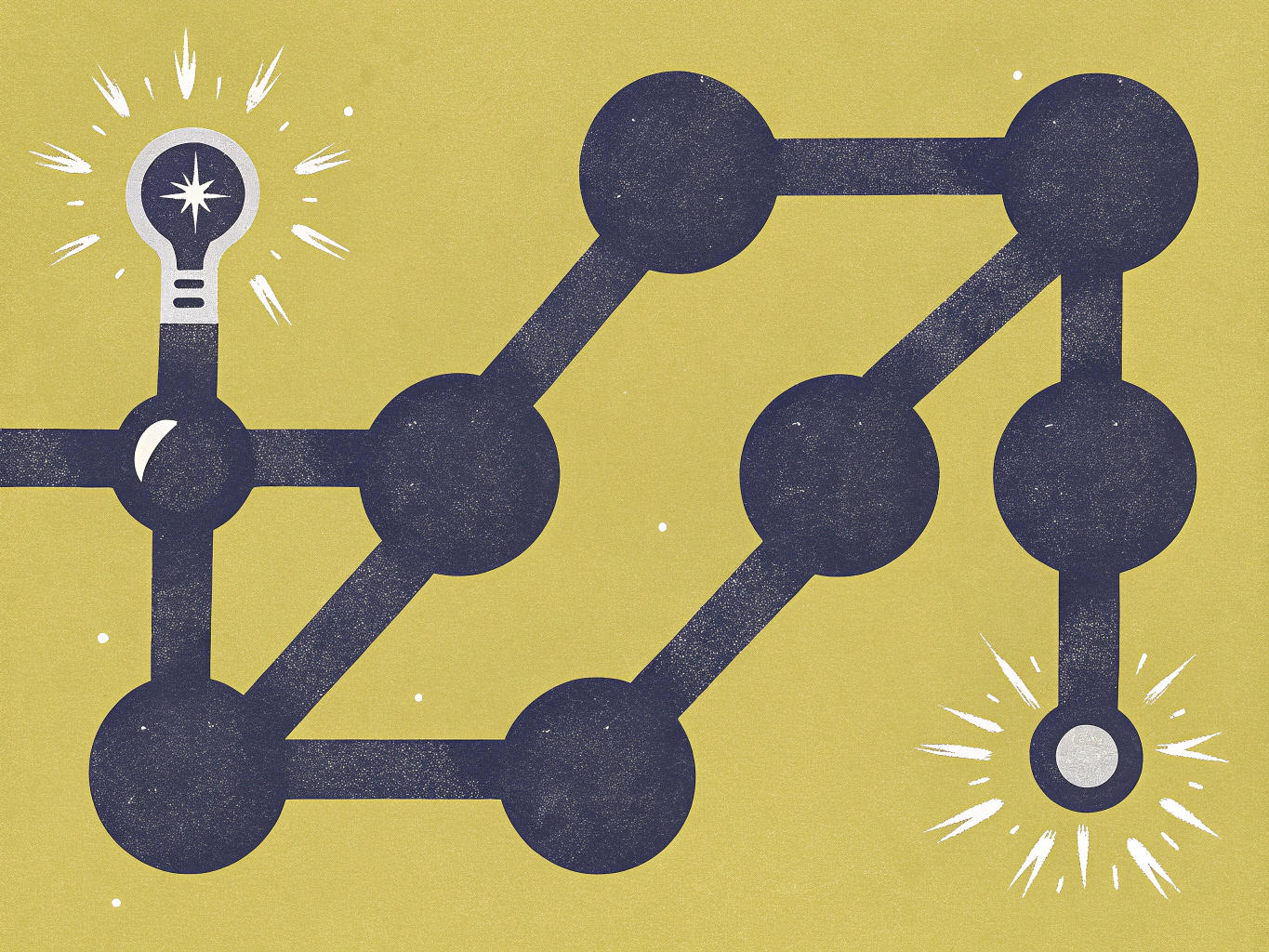Abstract illustration of a network of dark lines and nodes on a textured yellow background, connecting a glowing light bulb to a radiating point.