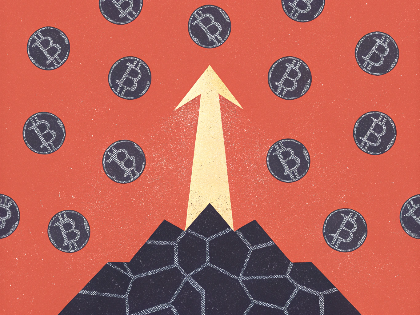 Yellow arrow pointing upwards from a dark, blocky base, surrounded by scattered Bitcoin coins on a red background.