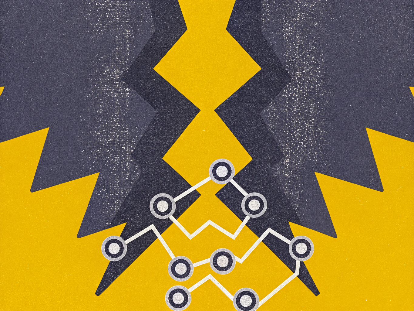 Abstract illustration depicting two dark gray jagged shapes on a yellow background, with a white circuit pattern connecting multiple circular nodes.