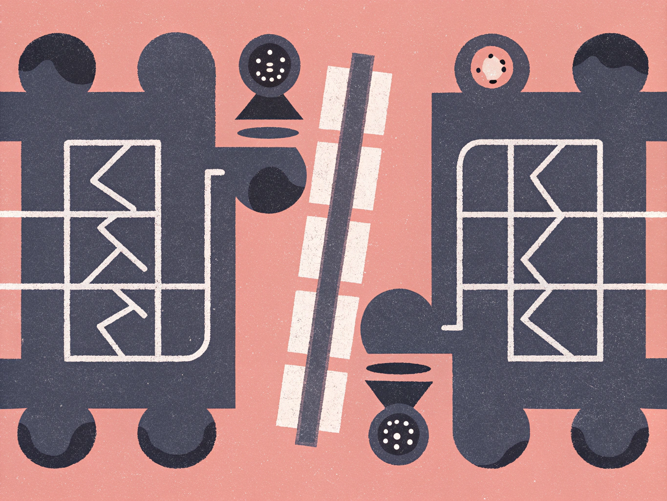 Abstract symmetrical illustration of two dark blue forms with internal white grid patterns and jagged lines, connected by a central diagonal striped bar, set against a pink background. Each form also has a circular sensor-like element.