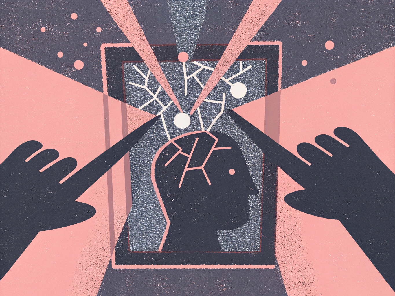 Illustration of a human head in profile framed by a screen, with branching structures above it. Two hands point towards the screen, and light beams radiate from the top and sides.