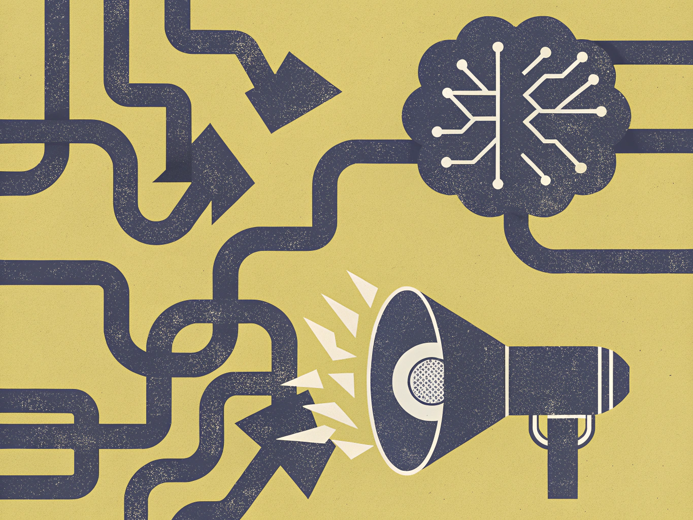 Network of arrows leading to a stylized AI brain and a megaphone emitting sound waves.