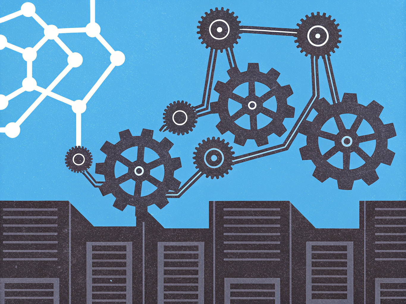 Illustration of interconnected gears and a network of white nodes above dark server rack-like structures on a blue background.