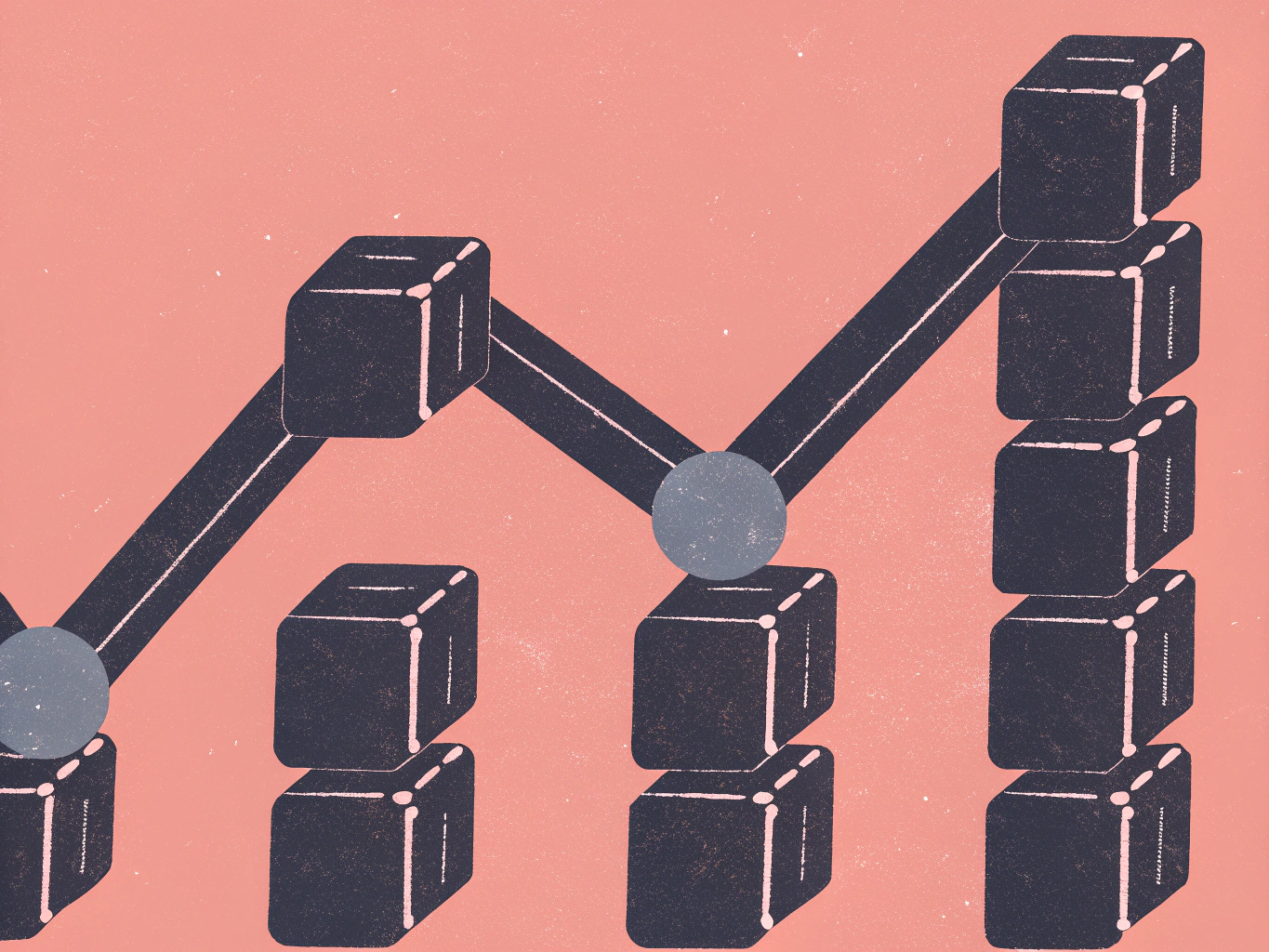 Stylized graph illustrating a fluctuating trend with stacks of dark cubes of varying heights connected by a zigzag line on a textured pink background.