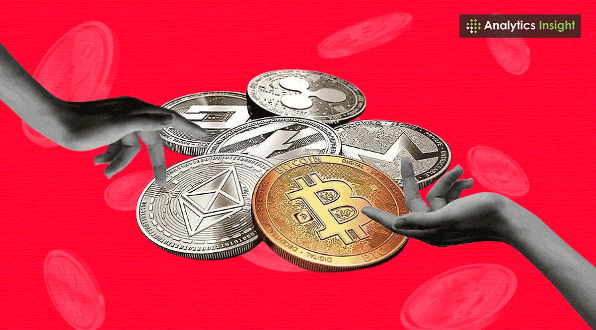 Two gray hands reaching for a pile of cryptocurrency coins, including a gold Bitcoin and silver Ethereum, on a red background.
