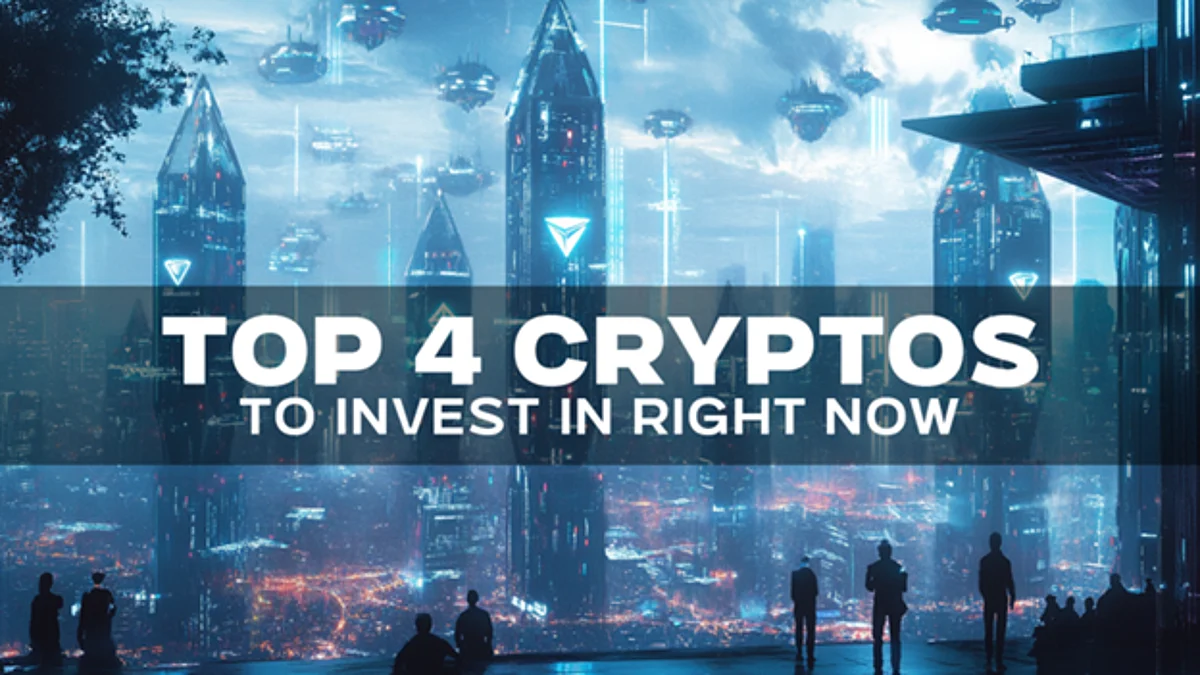 A futuristic city skyline with flying vehicles and towering buildings, featuring the text "TOP 4 CRYPTOS TO INVEST IN RIGHT NOW".