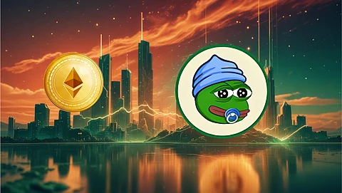 Golden Ethereum coin and a circular image of Baby Pepe the Frog with a pacifier, set against a glowing cityscape at sunset.