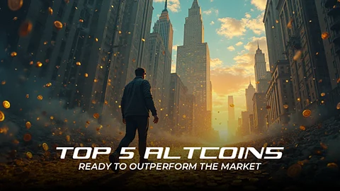 Man walking through a city street filled with falling gold coins, looking towards a distant, bright skyline. Text overlay: "TOP 5 ALTCOINS READY TO OUTPERFORM THE MARKET."