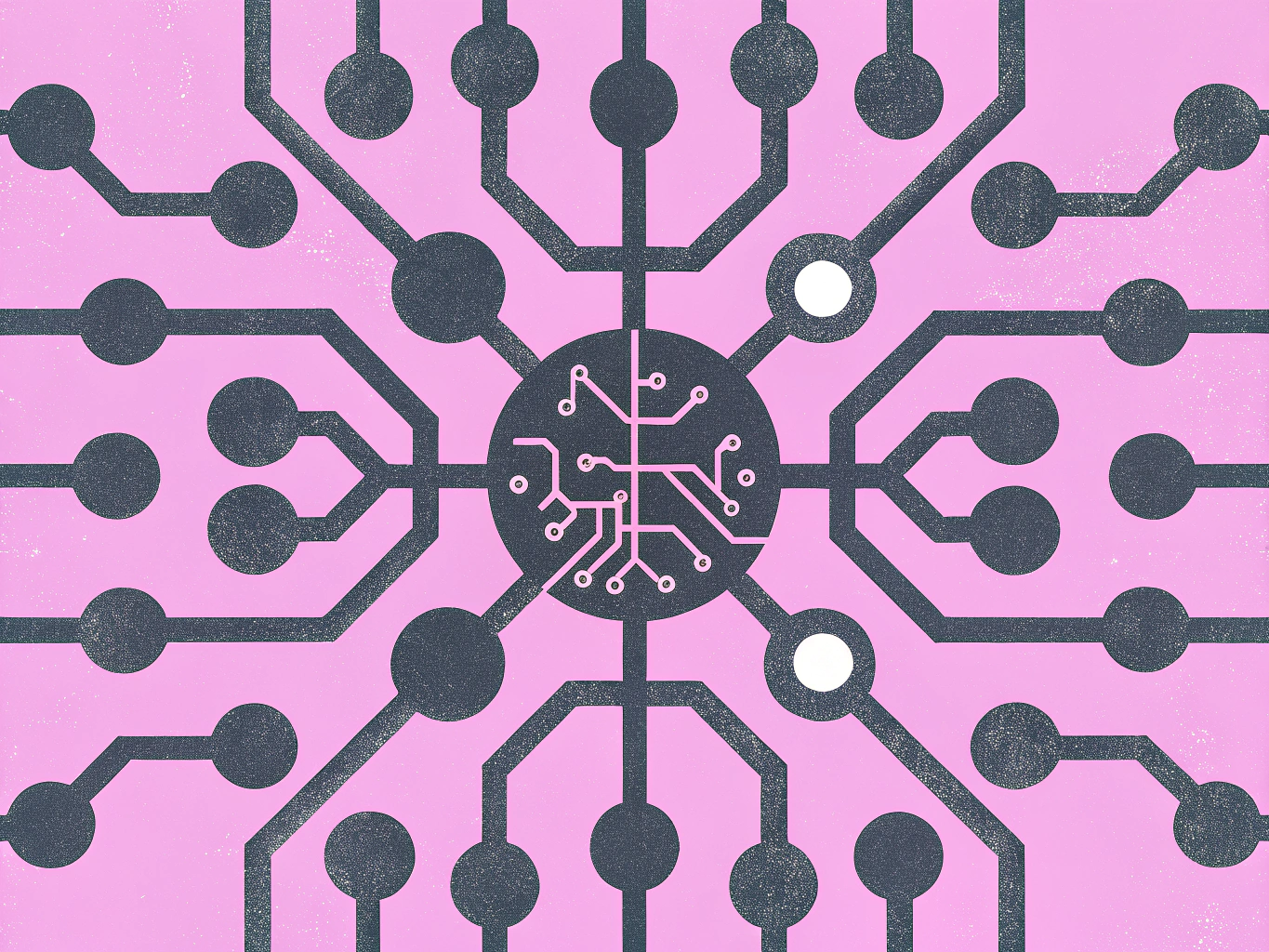 Abstract circuit board design with dark grey lines and nodes radiating from a central hub on a pink background. The central hub contains a detailed pink circuit, and two outer nodes are highlighted in white.