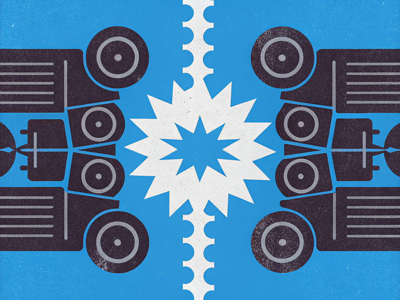 Stylized illustration of two vehicles in a head-on collision, with a large white starburst marking the impact point.