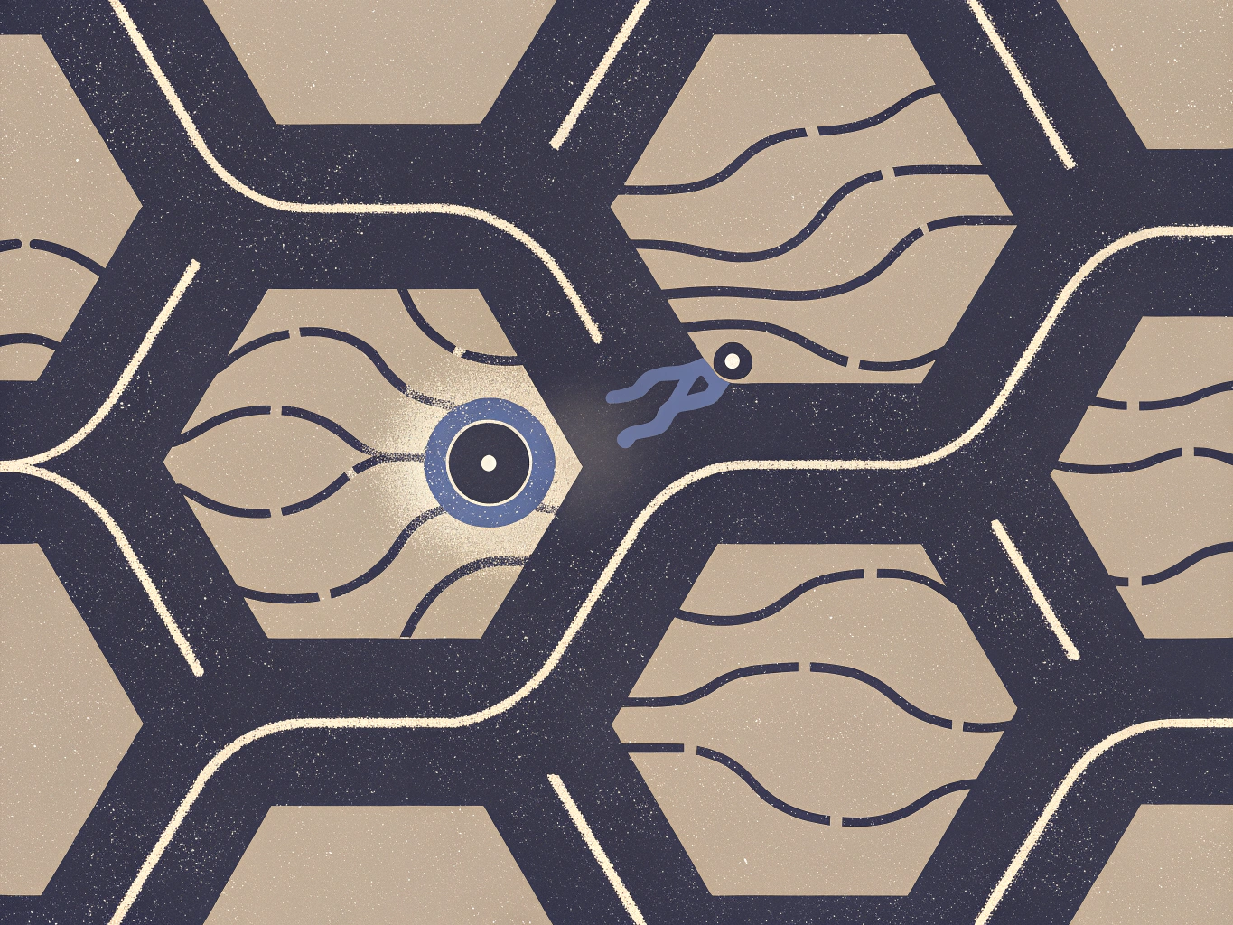 Abstract illustration of a stylized blue figure navigating a dark hexagonal grid of pathways, with one hexagon depicting a large blue and black eye.