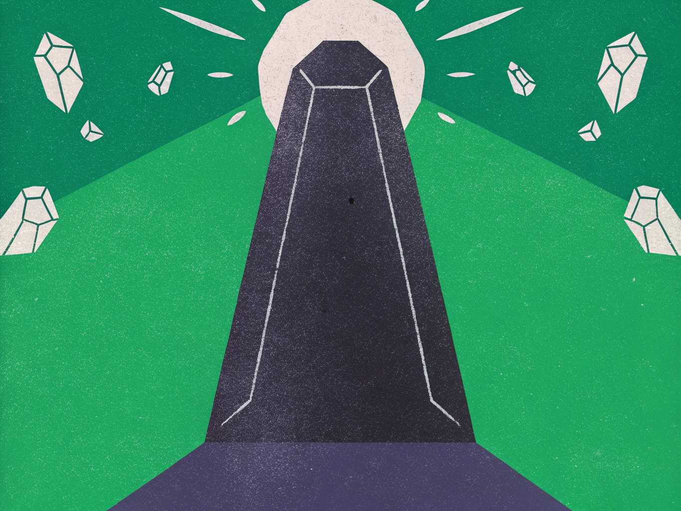 Dark geometric monolith glowing at the top, surrounded by floating white crystals on a green background.