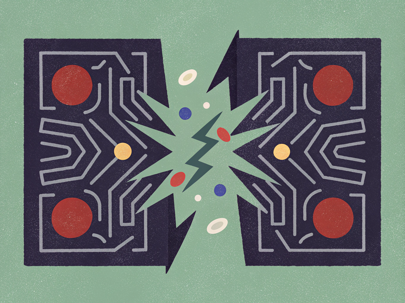 Two dark panels with circuit board-like patterns are split in the center by a jagged green lightning bolt, surrounded by colorful scattered dots.