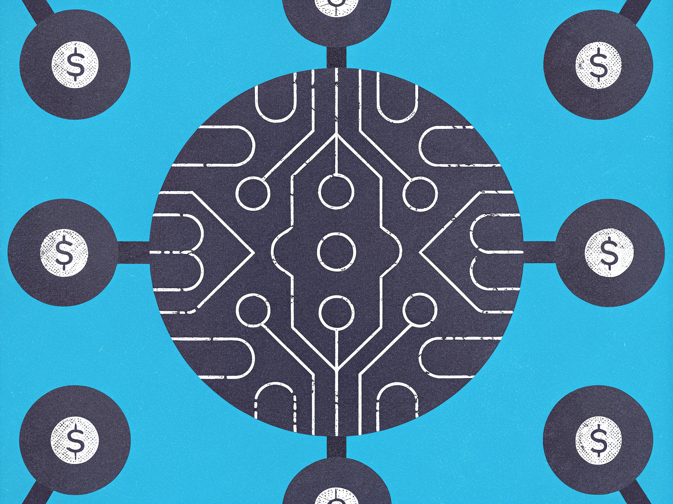 A dark blue circle with a white circuit board pattern in the center, connected by lines to several smaller dark blue circles, each containing a white dollar sign, on a bright blue background.