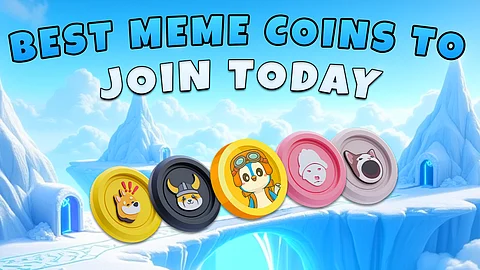 "BEST MEME COINS TO JOIN TODAY" text above five stylized coins featuring various cartoon characters, set against a snowy, icy landscape.