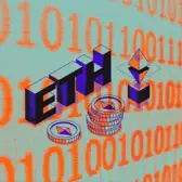 3D text "ETH" with Ethereum coins and logo against a background of orange binary code.