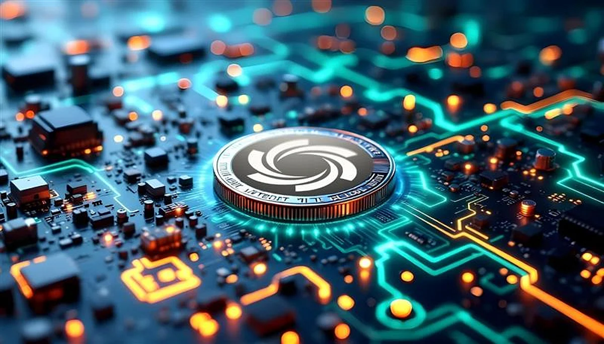 Circuit board with a central metallic chip displaying a white spiral logo, surrounded by glowing blue, green, and orange electronic pathways.