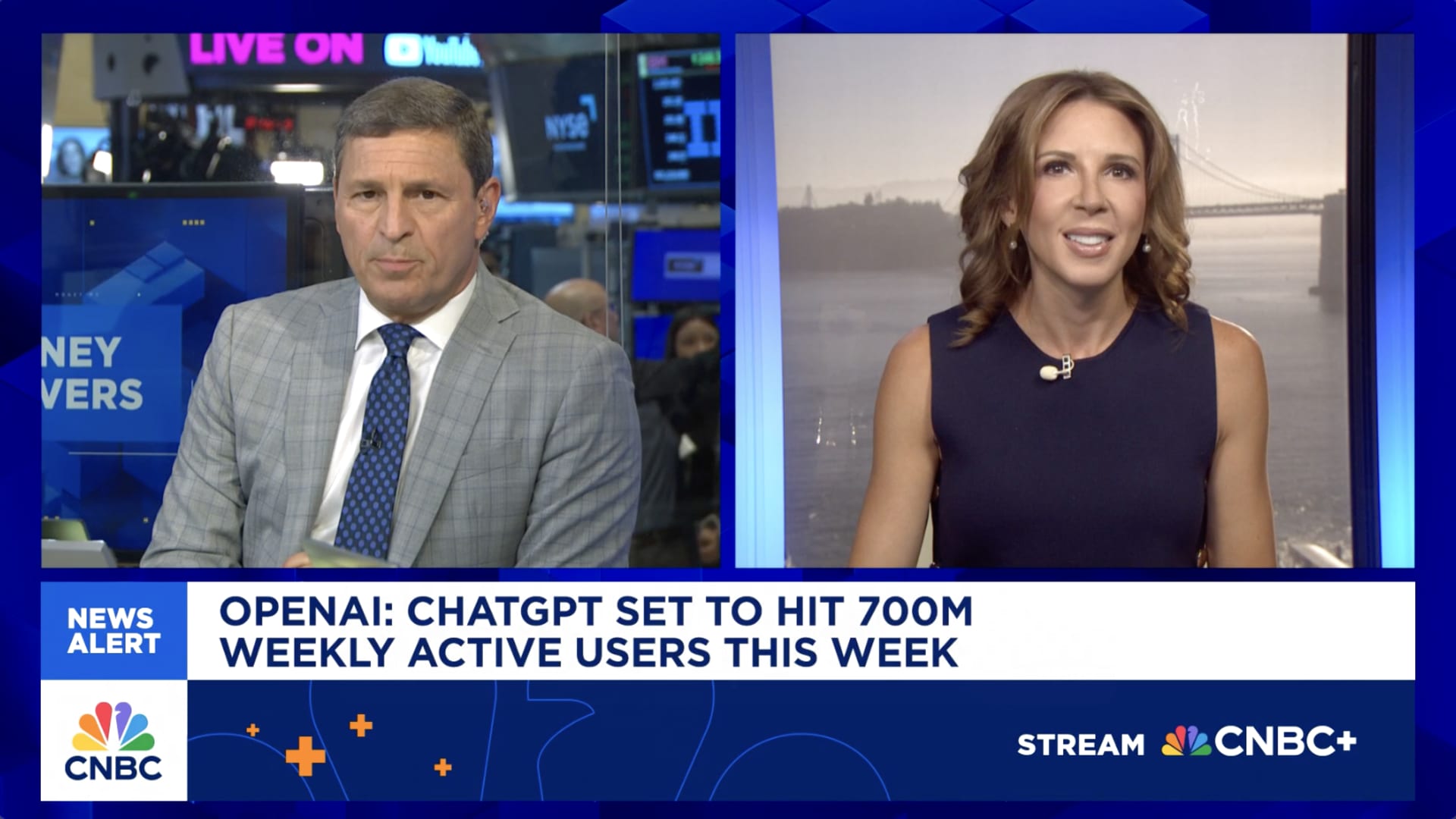 Two news presenters on a split screen with a news alert banner below. The banner reads "OPENAI: CHATGPT SET TO HIT 700M WEEKLY ACTIVE USERS THIS WEEK." CNBC logos are visible.