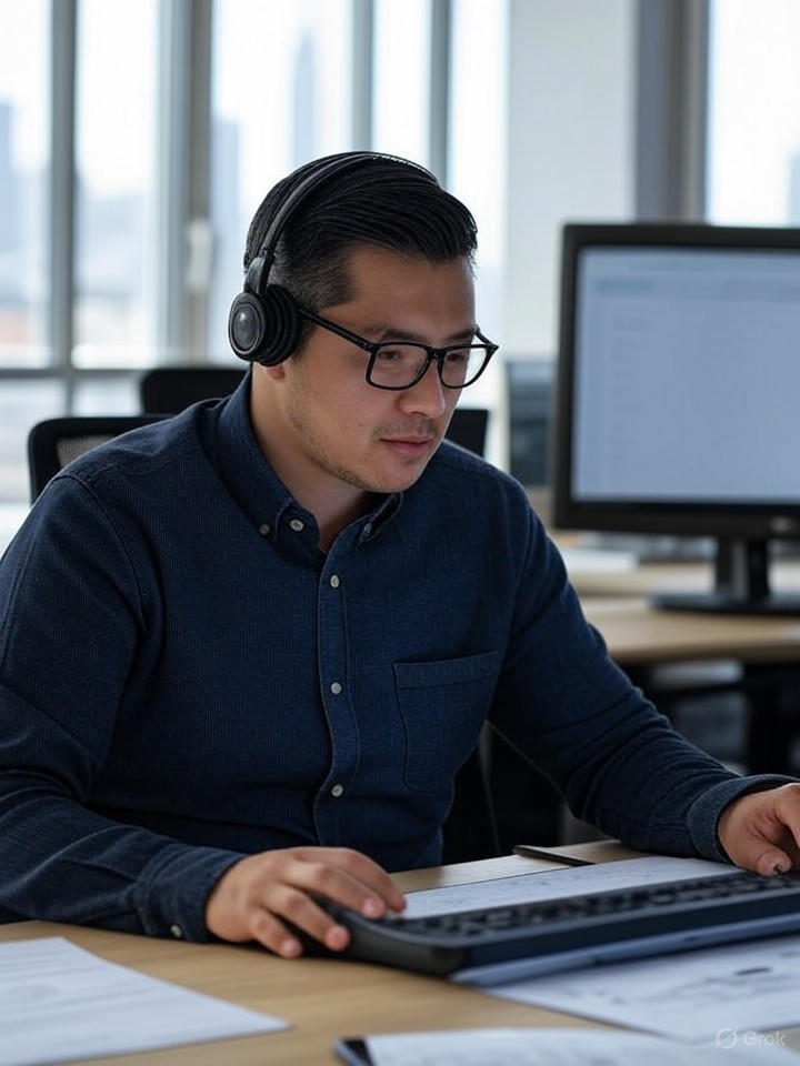 Man with headphones and glasses working at a desk with a computer.