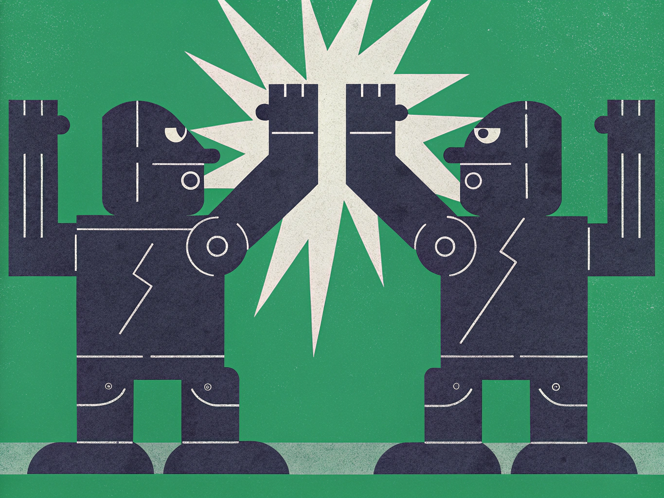 Two dark, stylized robots face each other, their raised fists meeting in a white starburst against a green background.