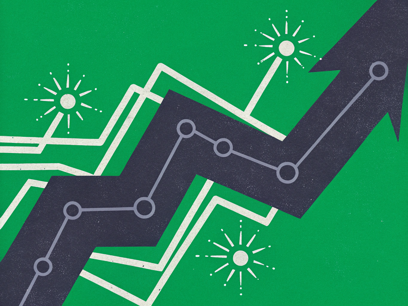 Upward-pointing dark grey arrow with a line of connected circles, suggesting a data trend or growth, set against a green background with lighter white lines and sparkling star shapes.