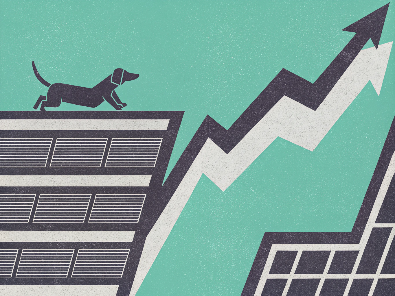 Dark gray dog on a light gray building with dark panels, next to a large, jagged upward-trending arrow, all on a teal background.