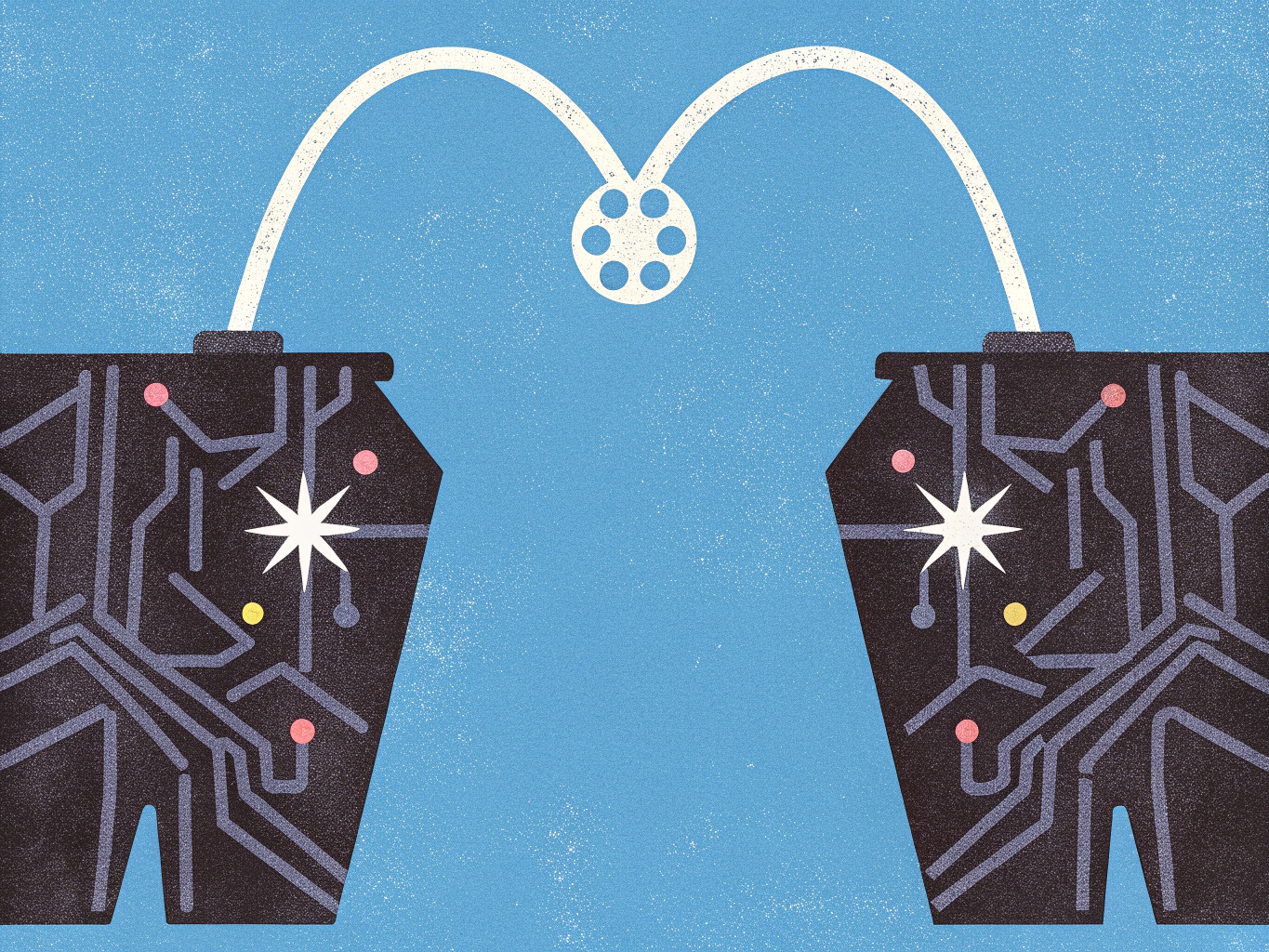 Stylized illustration of two dark circuit boards, each with a glowing starburst, connected by an arcing white cable with a film reel icon at its apex.