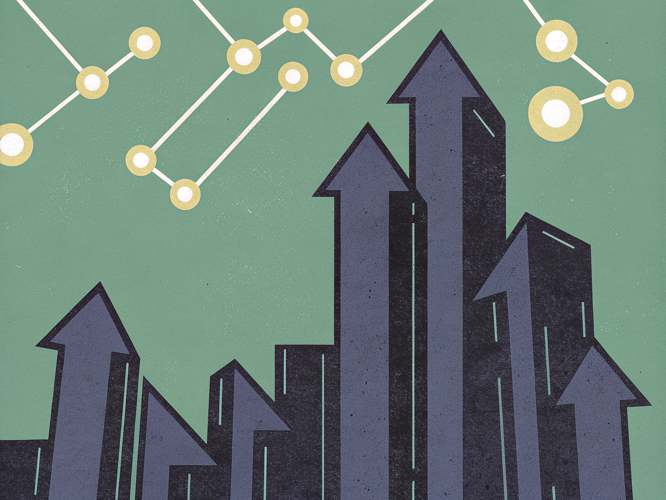 Illustration of upward-pointing arrows, resembling a bar chart, with a line graph and interconnected circles above, on a green textured background.