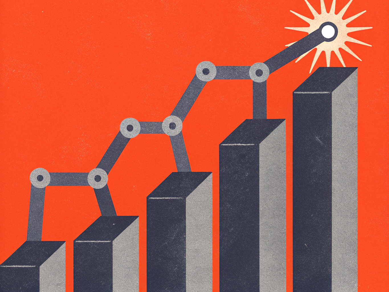 A segmented arm rising over progressively taller bar graph columns, reaching a glowing starburst at the peak.