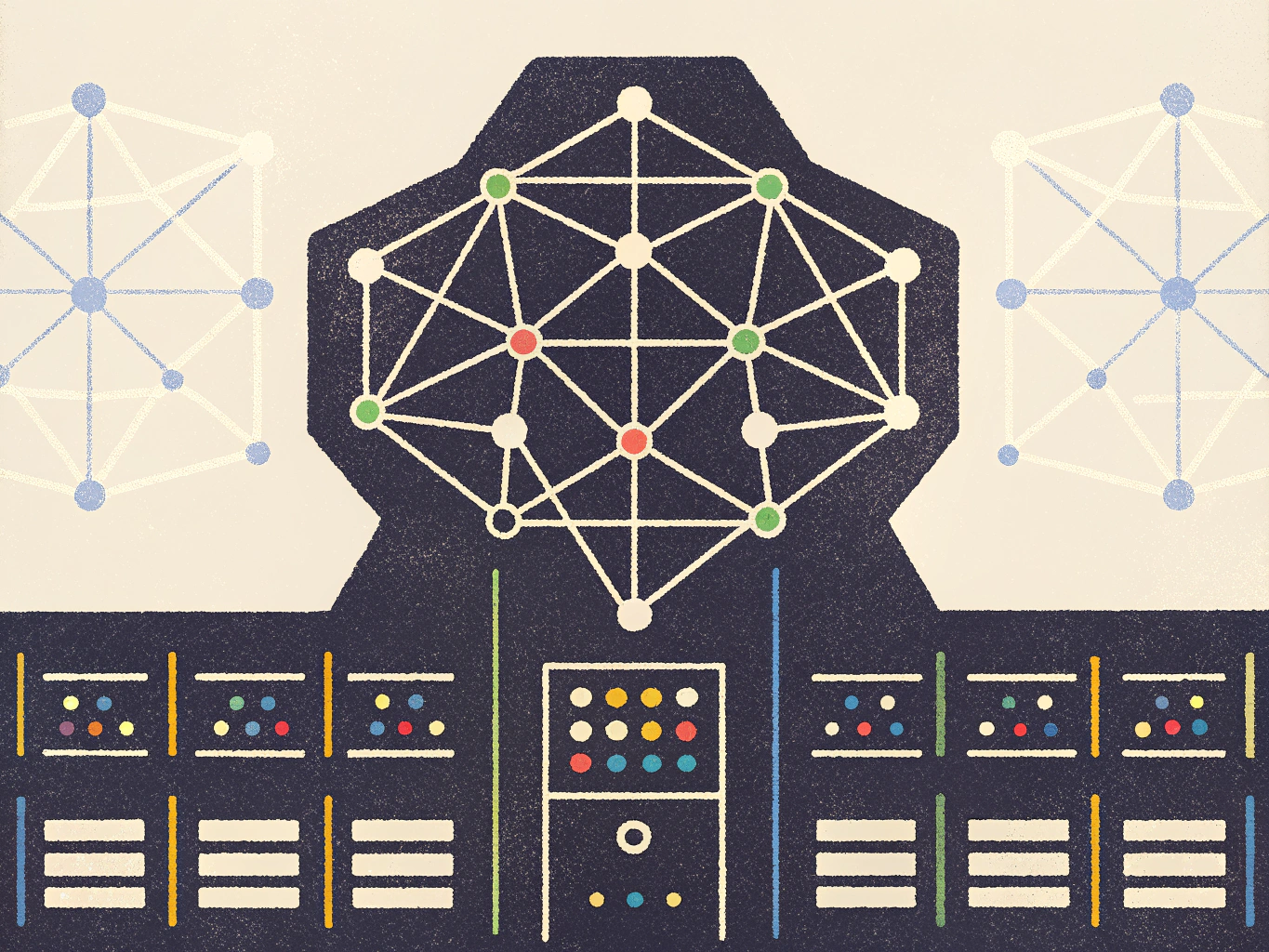 Abstract illustration depicting a central, complex network of white lines and nodes (some red, some green) on a dark background, flanked by two lighter blue networks. Below, a stylized control panel shows colorful dot matrices and bar graphs.